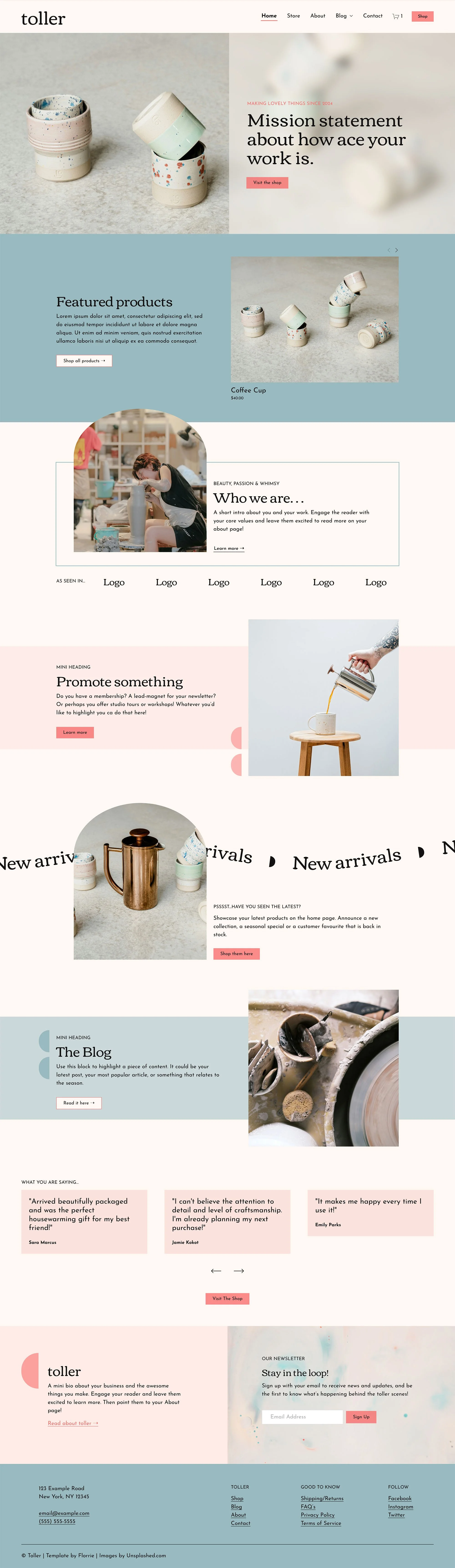 Homepage of a website featuring pottery cups with a mission statement, product showcase, company info, blog section, and subscription form, with pastel colors and modern design.