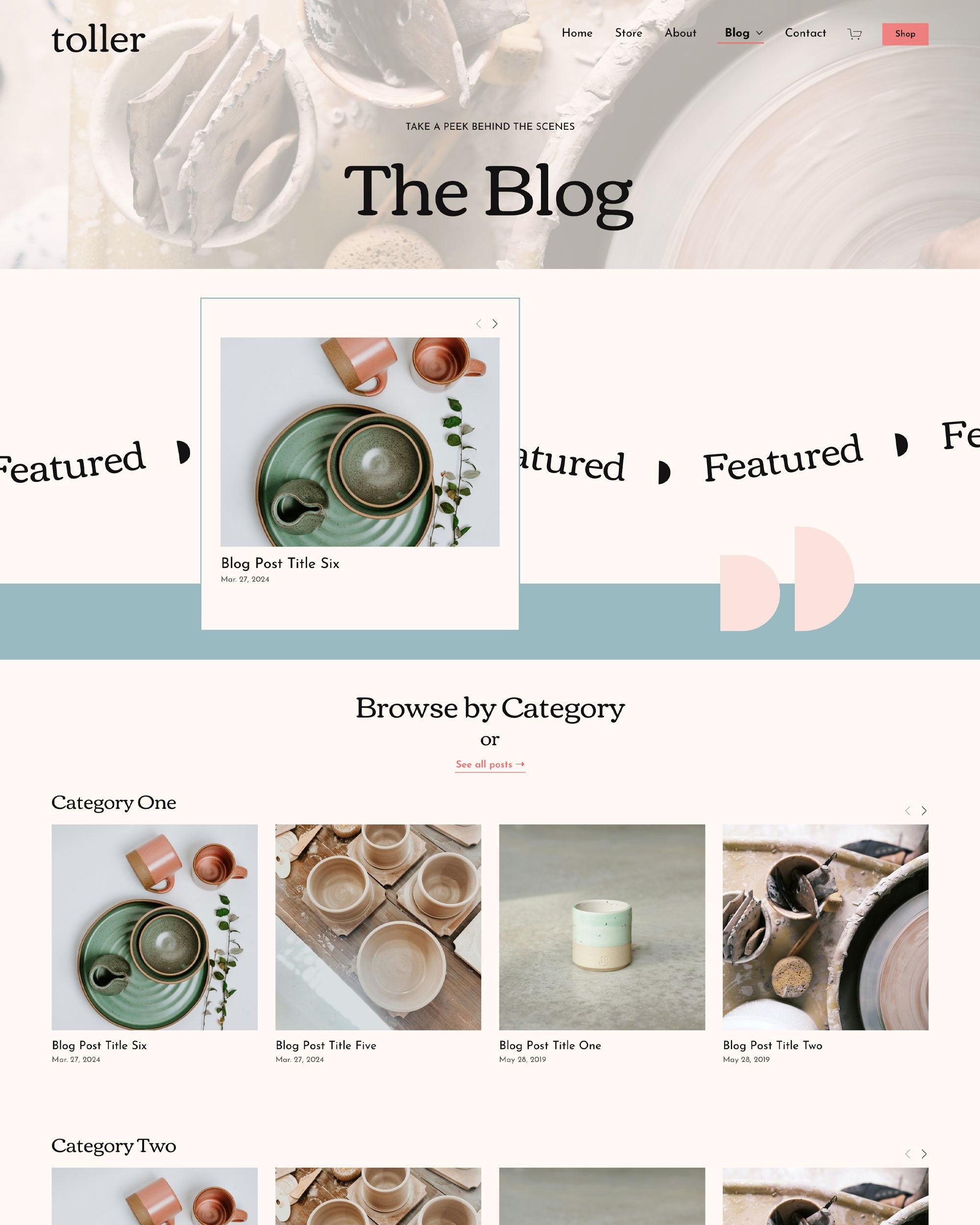 A webpage for a blog about pottery. The page features a header with navigation links, a large background image of pottery tools, and a main section displaying a featured blog post about ceramics. Below, there are categories with images of pottery and ceramic items, including bowls and cups.