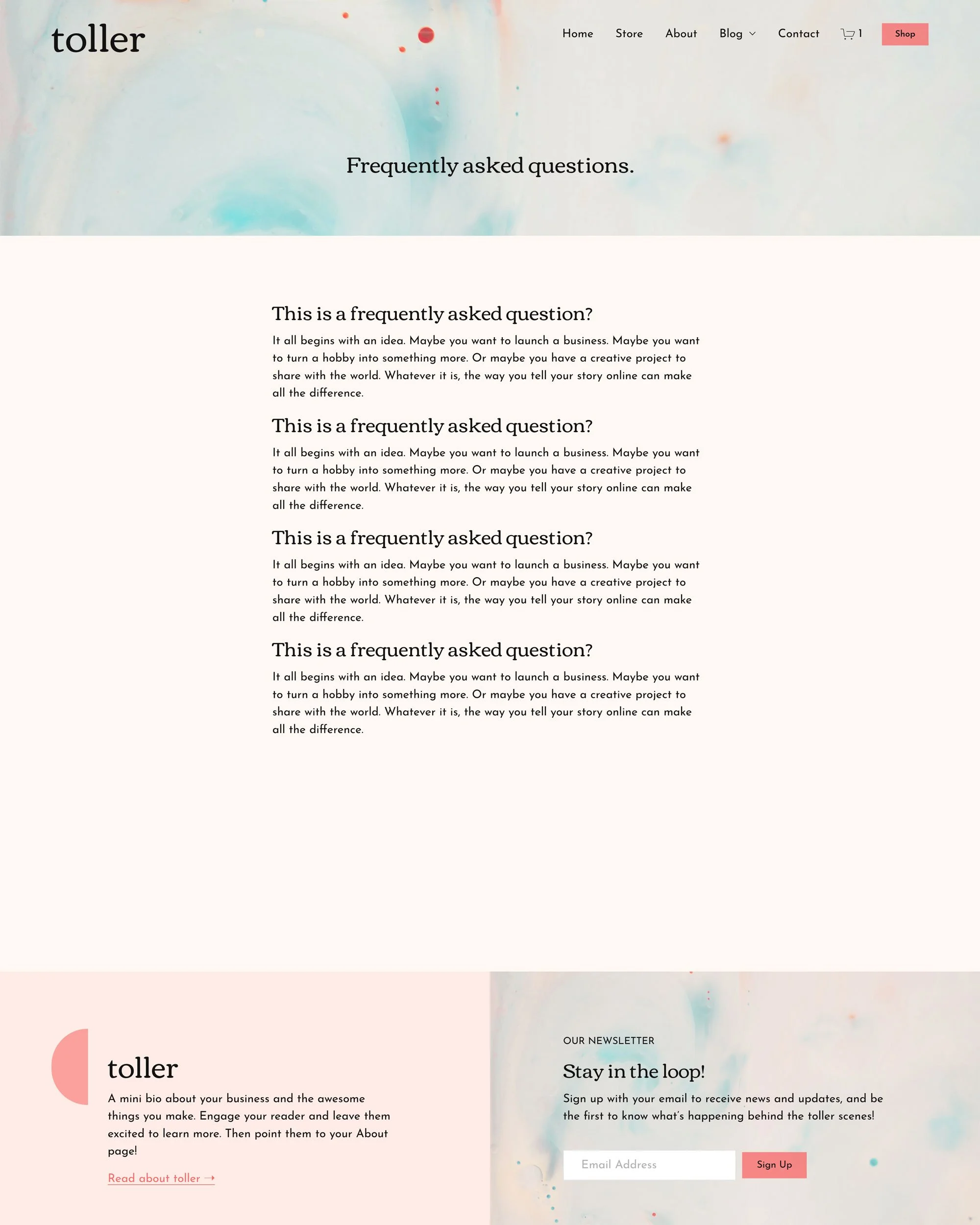 A website homepage with a white background and a pastel-colored header with the logo 'toller' and navigation links. The main section has a FAQ titled 'Frequently asked questions.' with repeated questions and explanations. The footer has a pink section about the company 'toller,' a newsletter sign-up, and a call-to-action to learn more.