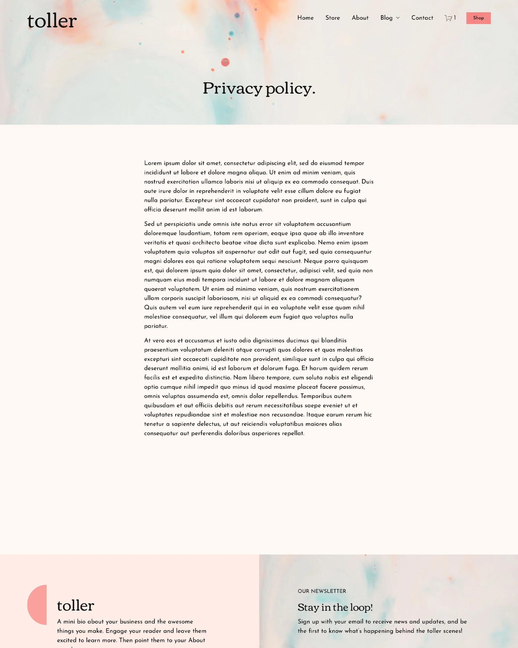 A webpage titled 'Privacy policy' with a soft pastel watercolor background. The top navigation includes links for Home, Store, About, Blog, Contact, and a Shop button. The page contains placeholder text in Latin, describing the privacy policy. The footer has a mini bio about the business and a newsletter sign-up section.