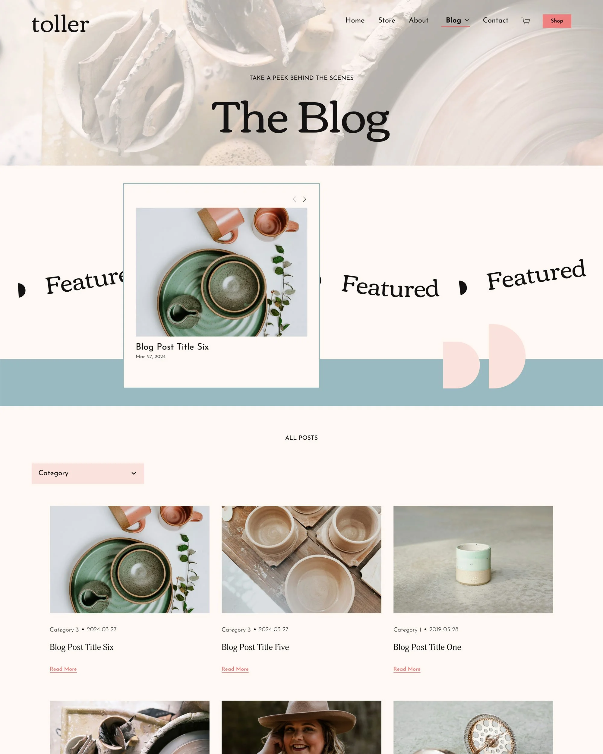 A blog website homepage with a header displaying navigation links, a main title 'The Blog,' a featured images carousel, and recently posted images with titles and dates.