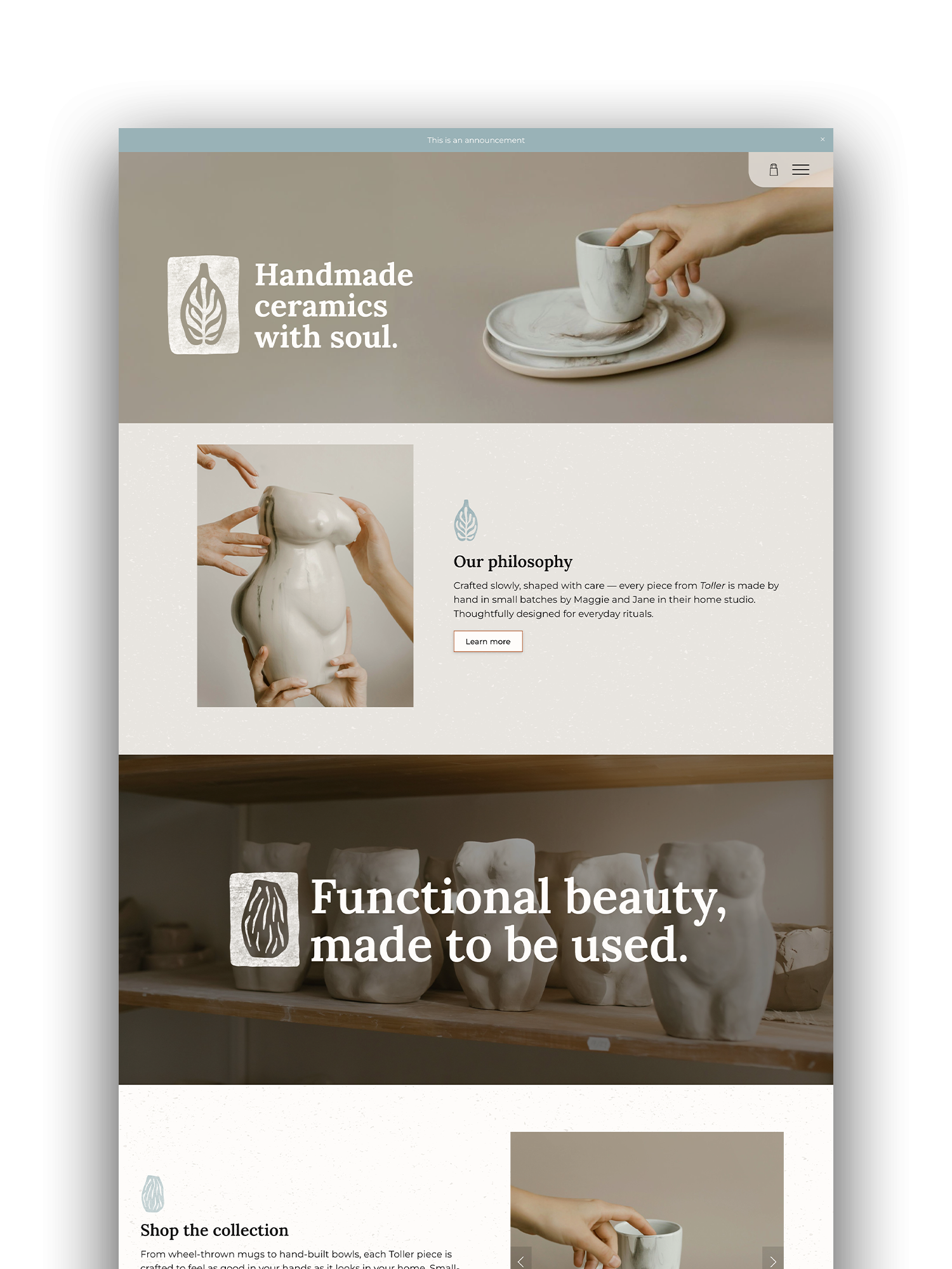 Webpage showcasing handmade ceramics with a focus on craftsmanship and functionality. Features images of ceramic pottery, including bowls, cups, and vases, with text about the company's philosophy and collection.