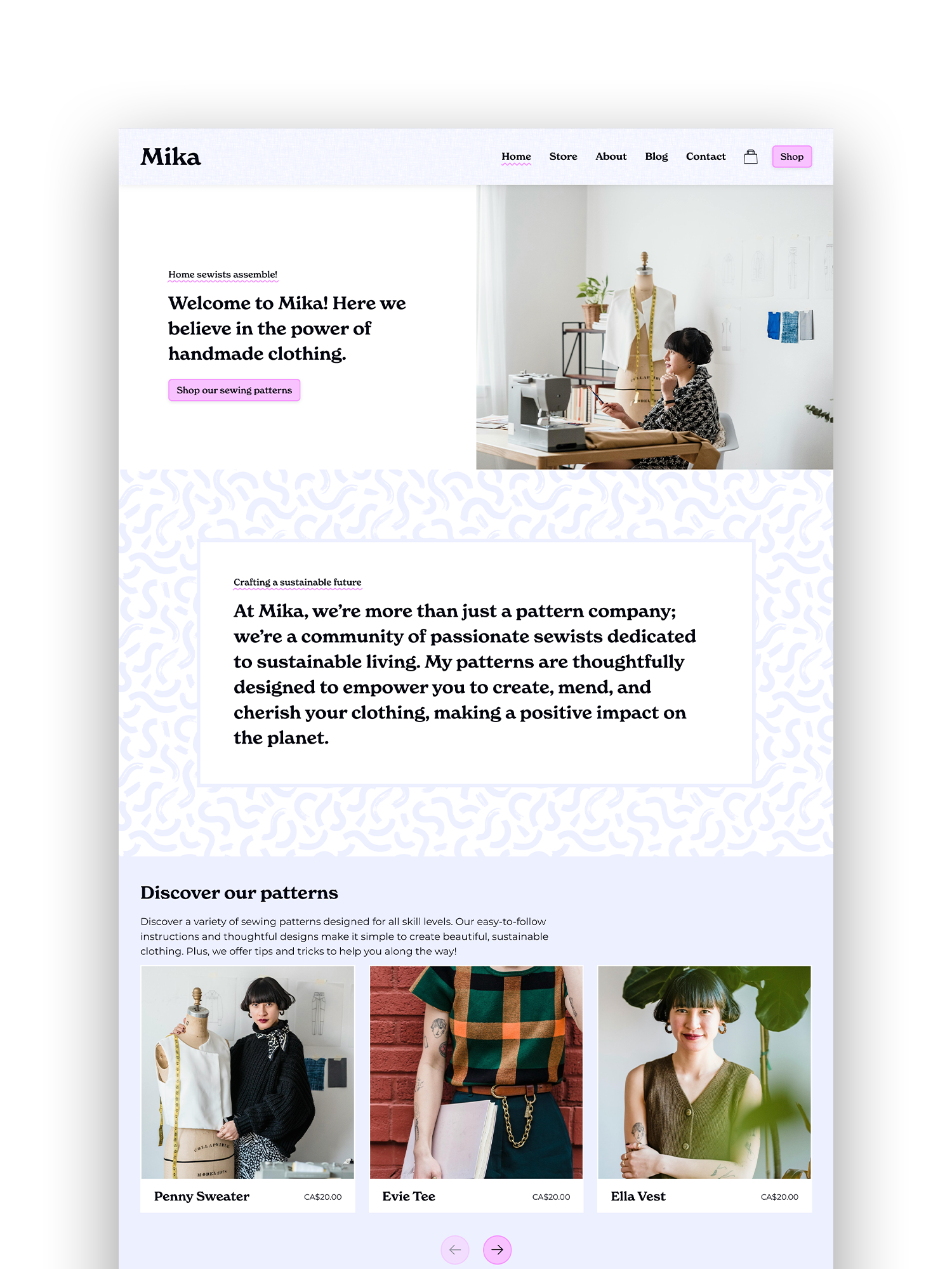 Screenshot of Mika website homepage showcasing handmade clothing patterns, featuring a sewing studio with a person working at a sewing machine and images of clothing patterns with prices.