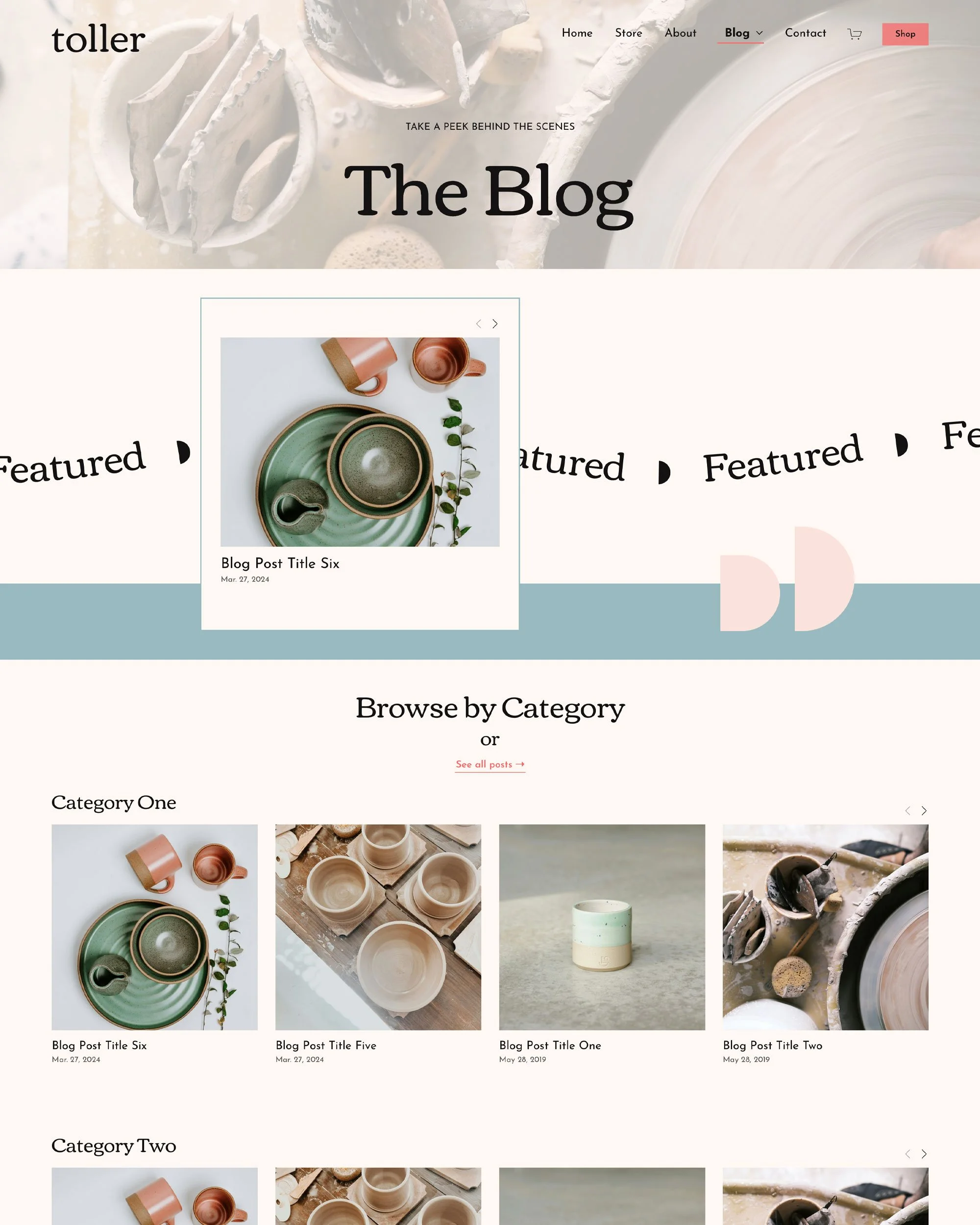 A webpage for a blog about pottery. The page features a header with navigation links, a large background image of pottery tools, and a main section displaying a featured blog post about ceramics. Below, there are categories with images of pottery and ceramic items, including bowls and cups.