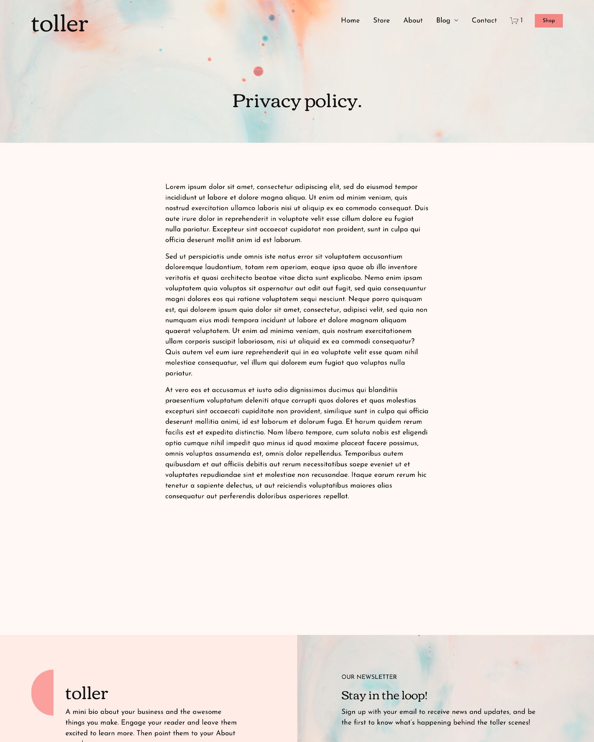 A webpage titled 'Privacy policy' with a soft pastel watercolor background. The top navigation includes links for Home, Store, About, Blog, Contact, and a Shop button. The page contains placeholder text in Latin, describing the privacy policy. The footer has a mini bio about the business and a newsletter sign-up section.