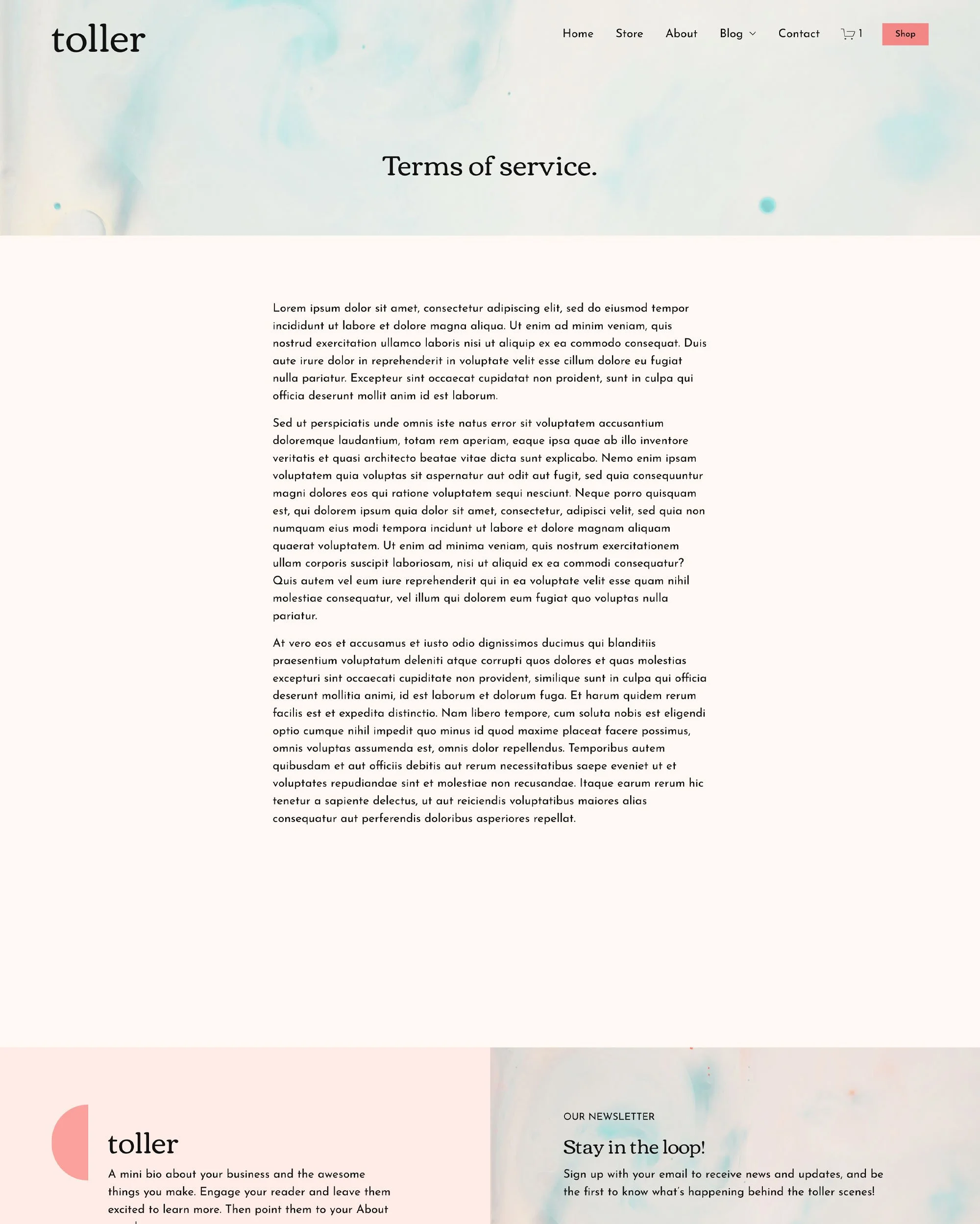 Screenshot of a webpage titled 'Terms of Service' with a navigation menu at the top right and a logo 'toller' at the top left. The page contains placeholder text, 'Lorem ipsum,' explaining terms and conditions. The bottom has a section about the business and newsletter signup.