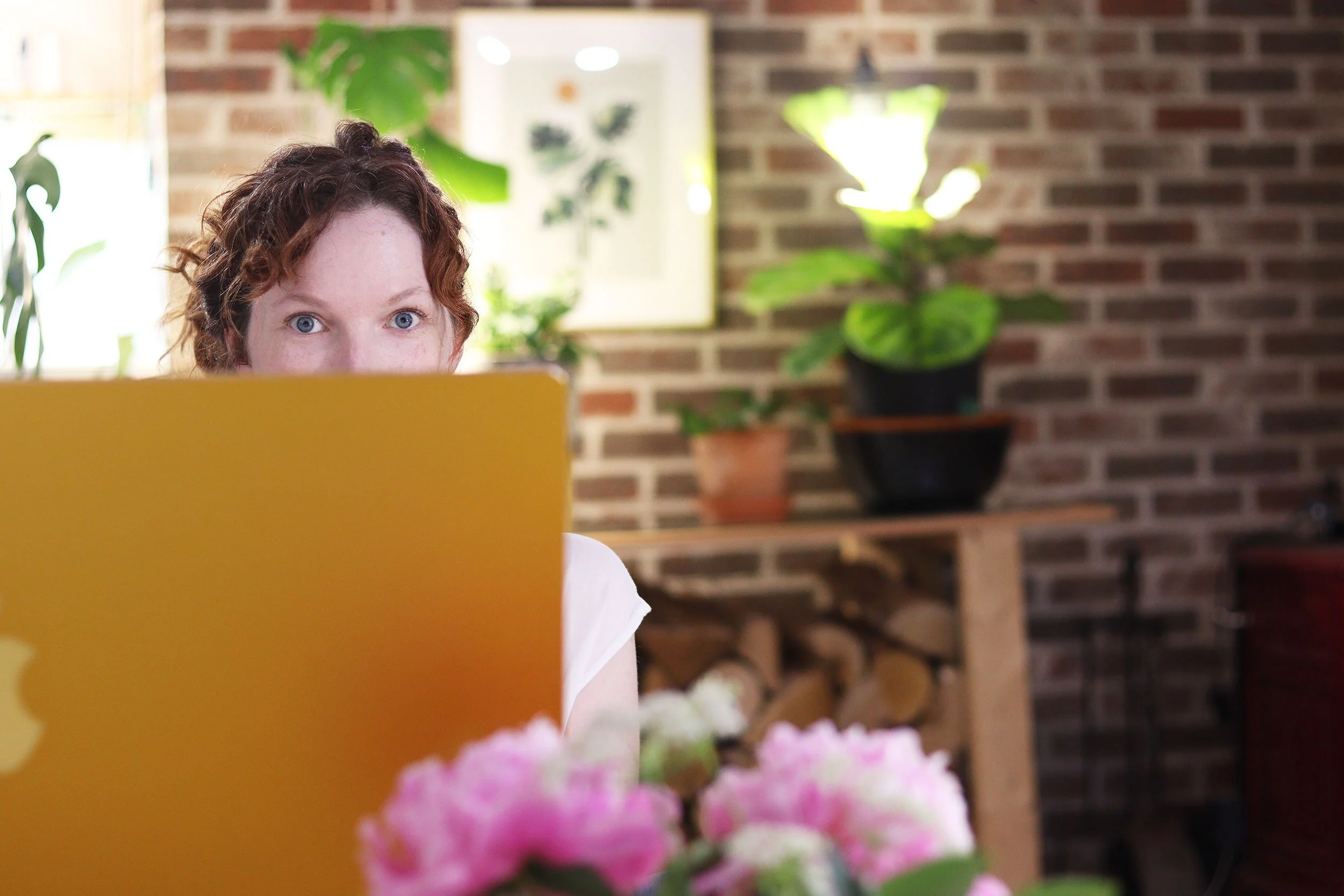 A woman with curly red hair and blue eyes is working on a yellow laptop indoors. She is partially hidden behind the laptop. The background features a brick wall, potted plants, and a window letting in natural light.