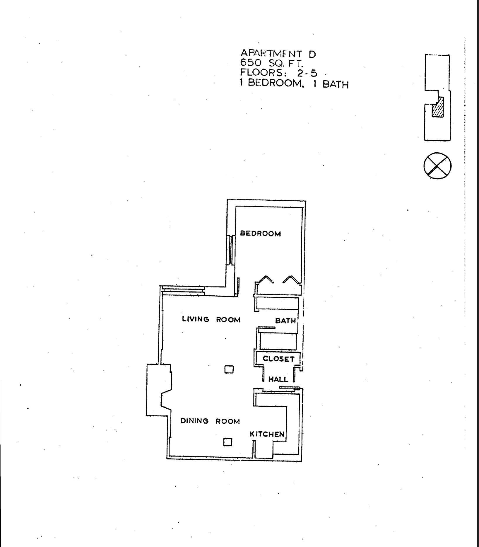 Floor plan of a one-bedroom apartment with living room, dining room, kitchen, bedroom, bathroom, closet, hall, and small labeled diagram of the building's layout.