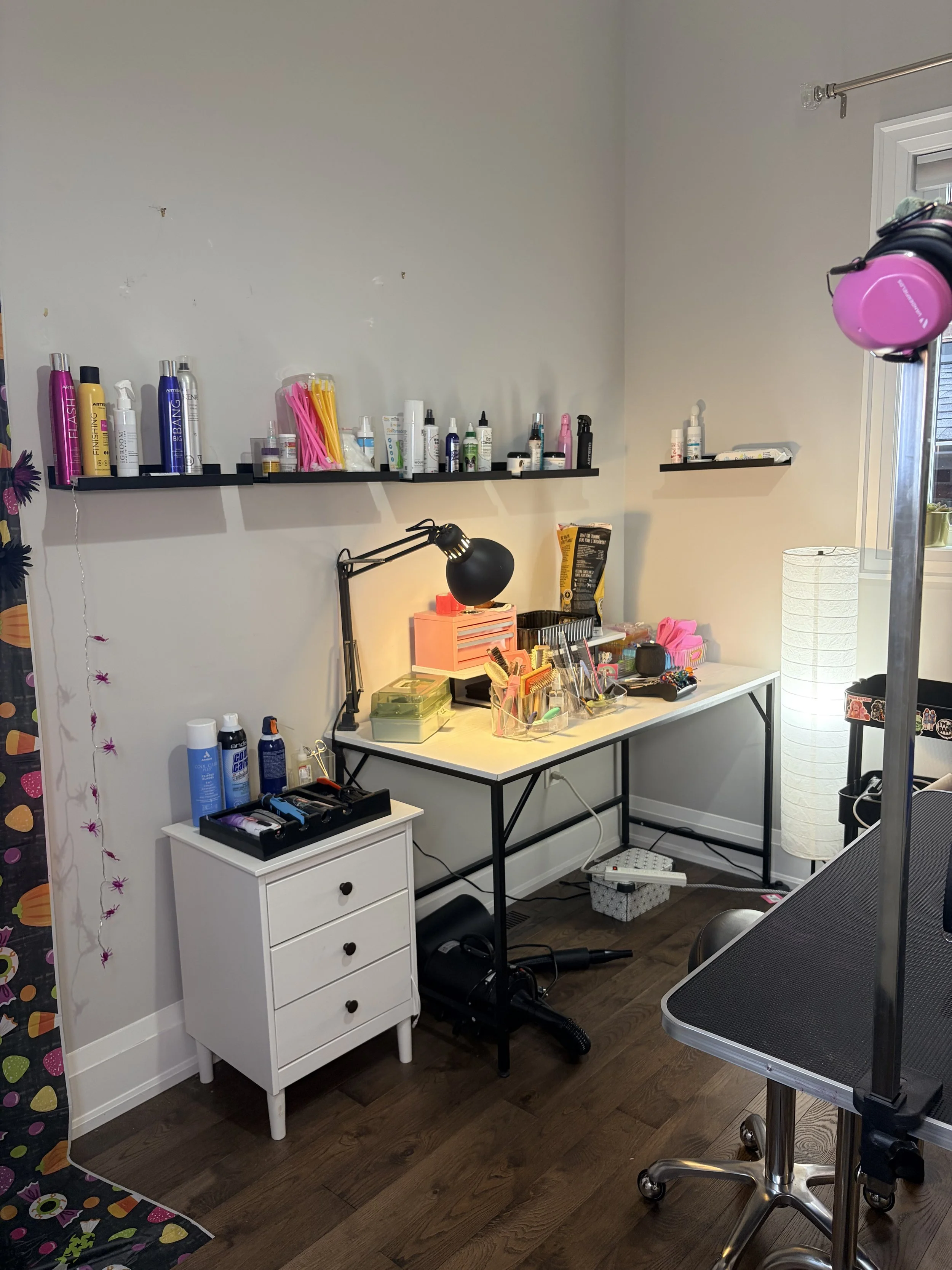 A small workspace with a white drawer unit, a black desk lamp, a computer monitor, and a desk with various supplies. Shelves with grooming products and tools, a window with pink headphones hanging, and a floor with a patterned mat and a heater.