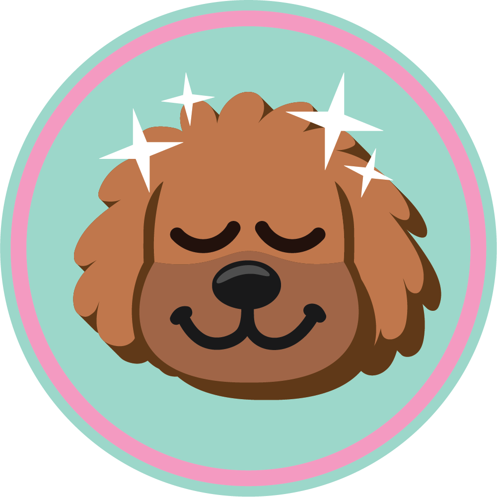 Cute cartoon dog with closed eyes and a smiling expression, surrounded by sparkles, on a mint green background with pink and green borders.