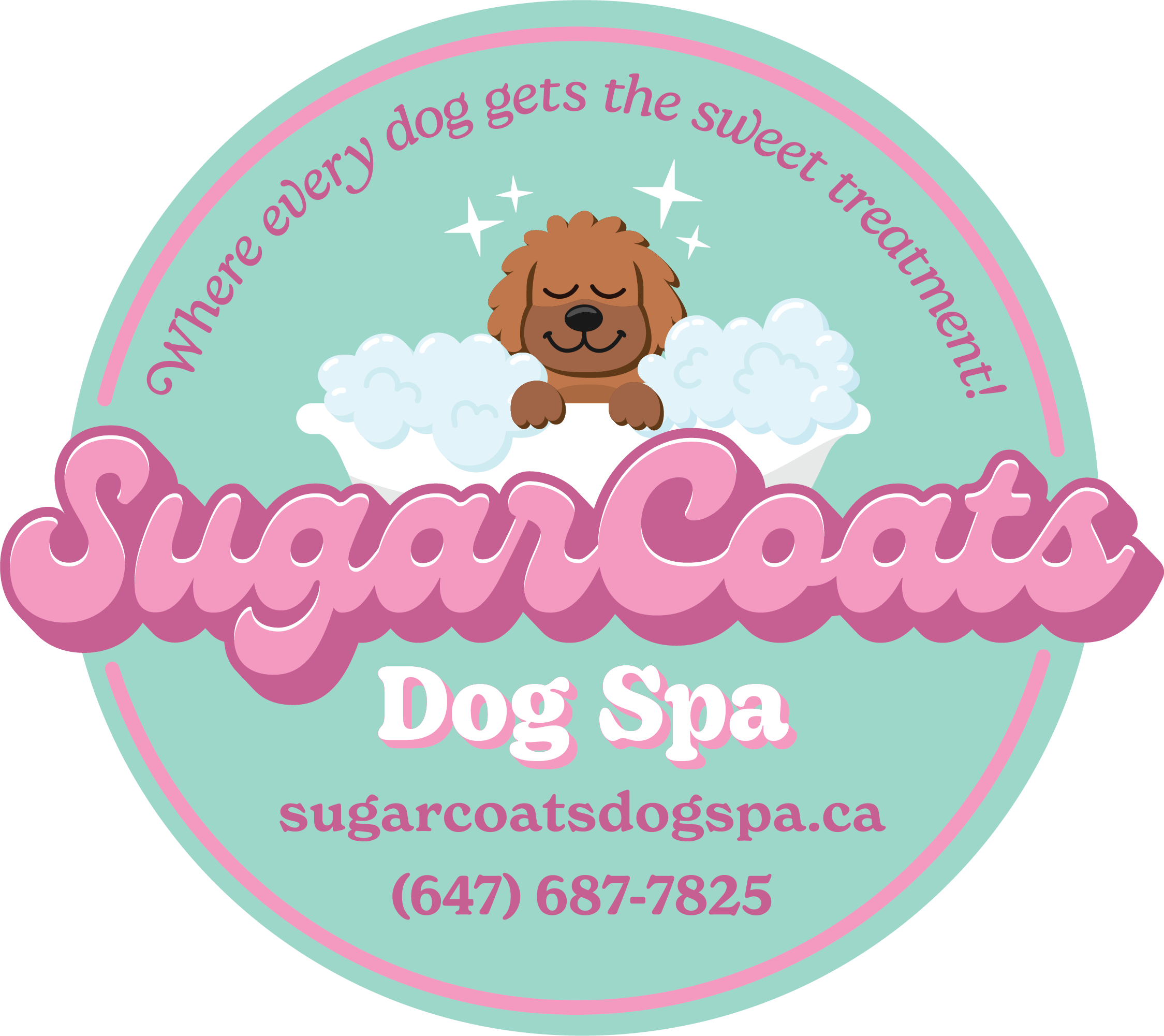 A circular logo for Sugar Coats Dog Spa with a light turquoise background and pink lettering. The logo features a cartoon brown dog with closed eyes surrounded by white bubbles, indicating a bath. The text reads: 'Where every dog gets the sweet treatment!' and includes the website 'sugarcoatsdogspa.ca' along with a phone number.