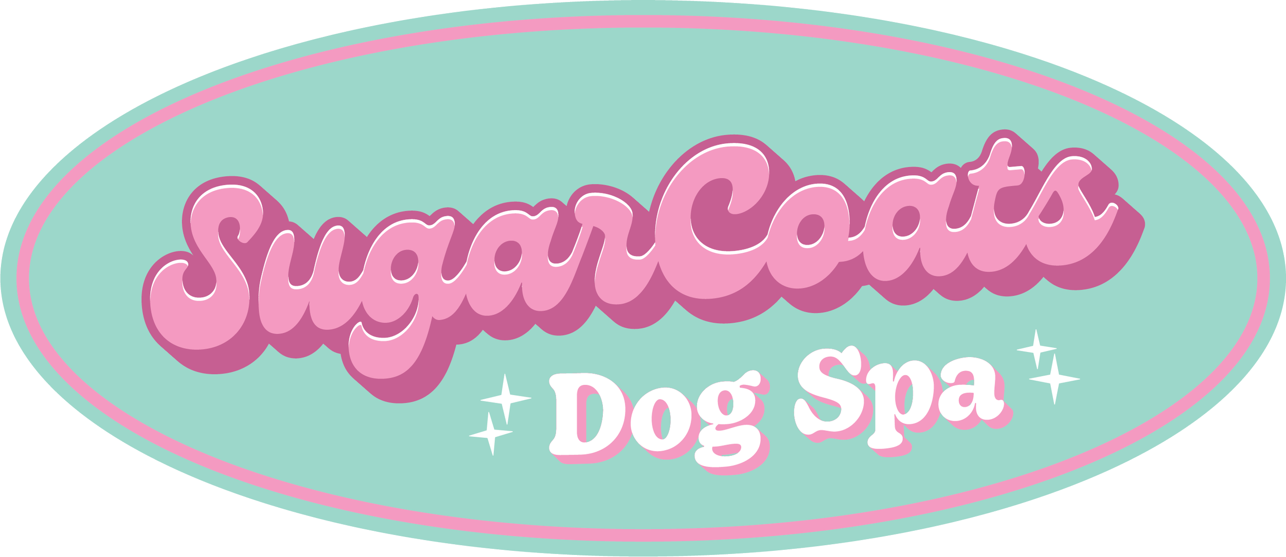 Logo for Sugar Coats Dog Spa with pink and white text on a light green oval background, decorated with small white sparkles.