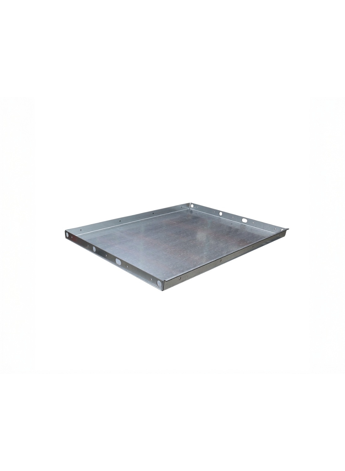 A metal oven baking sheet with raised edges.