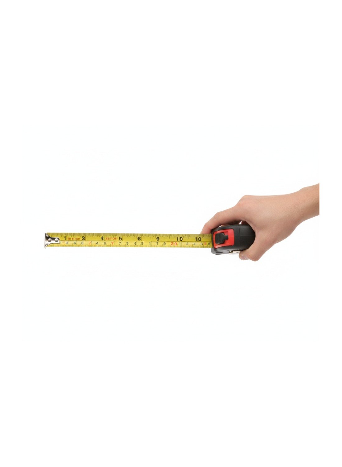 A person's hand holding a yellow measuring tape extended to approximately 10 inches against a white background.