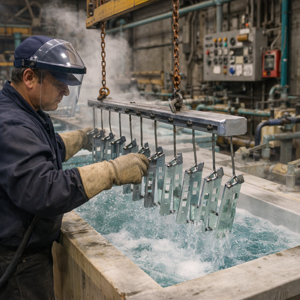 A worker wearing safety gear, including a face shield and gloves, is inspecting or assembling metal parts in an industrial setting with machinery and control panels in the background.