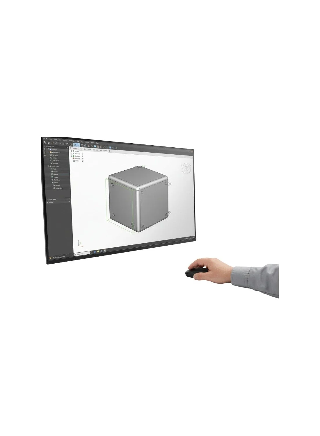 Person using a computer mouse to interact with a large monitor displaying a 3D CAD model of a gray cube with rounded edges.