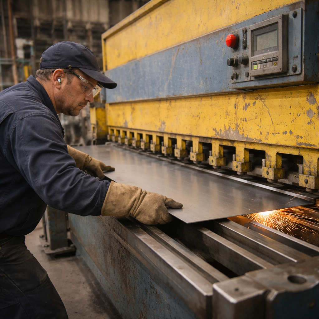 A worker in safety gear operates a large industrial metal pressing machine, cutting or shaping metal sheets in a factory setting.