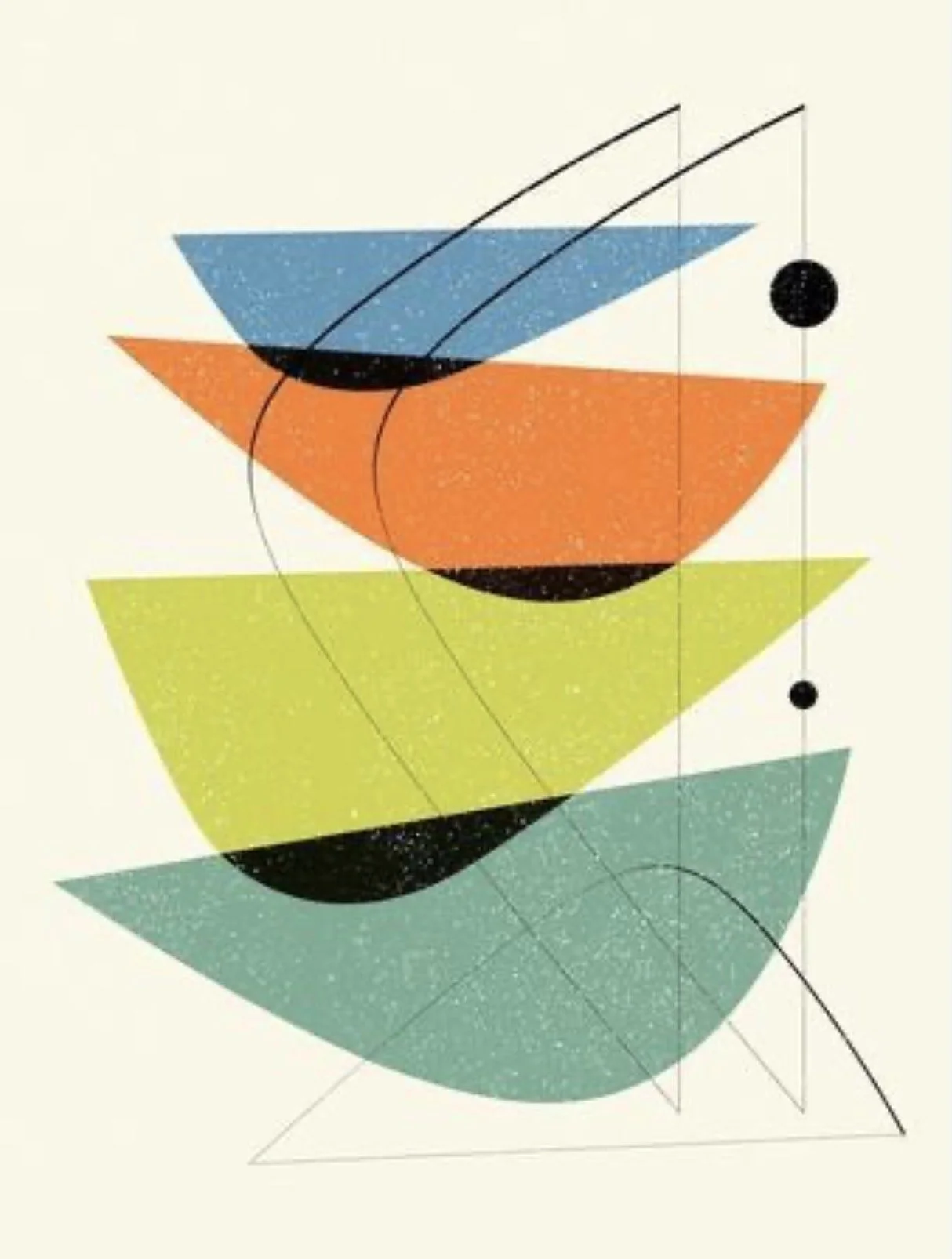 Arte abstrata com formas geométricas coloridas, incluindo semicírculos em azul, laranja, verde, e linhas finas pretas, em fundo claro.