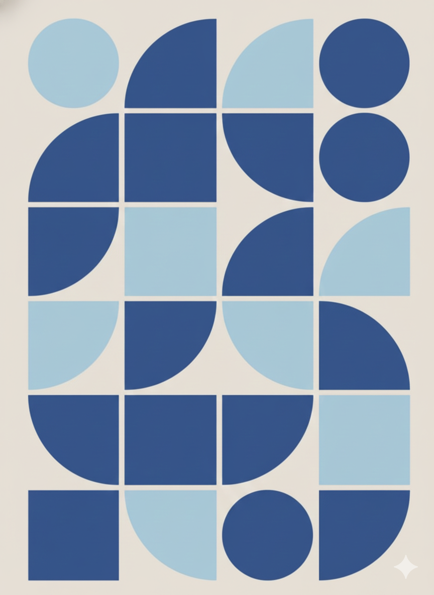 Arte abstrato composto por formas geométricas em tons de azul claro e azul escuro, dispostas de forma simétrica.