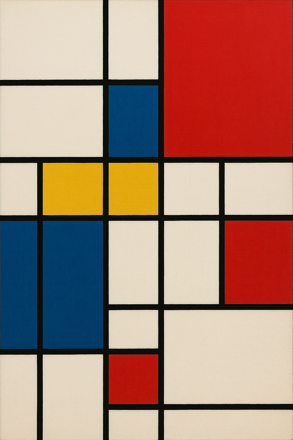Quadrados coloridos em estilo de arte de Mondrian, com linhas pretas delineando áreas em cores branca, azul, vermelha e amarela.