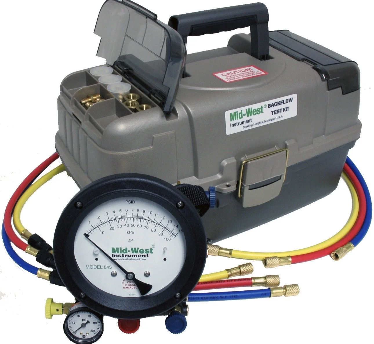 A grey mid-west backflow test kit with various hoses and gauges.