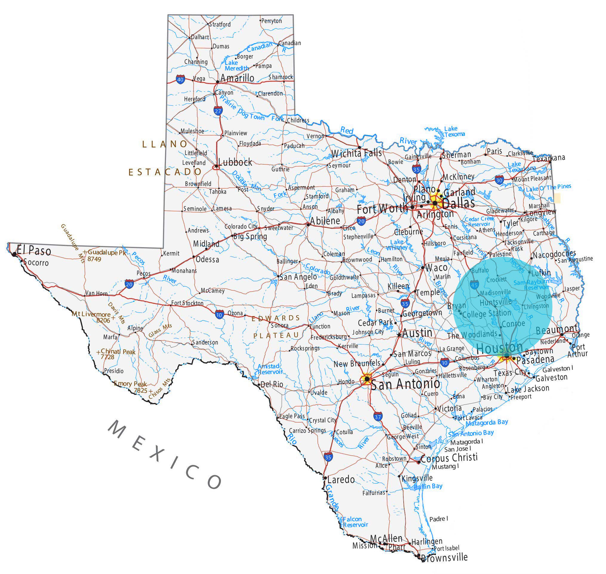 A map of Texas showing cities, highways, rivers, lakes, and reservoirs, with a shaded area indicating Houston and its surrounding region.