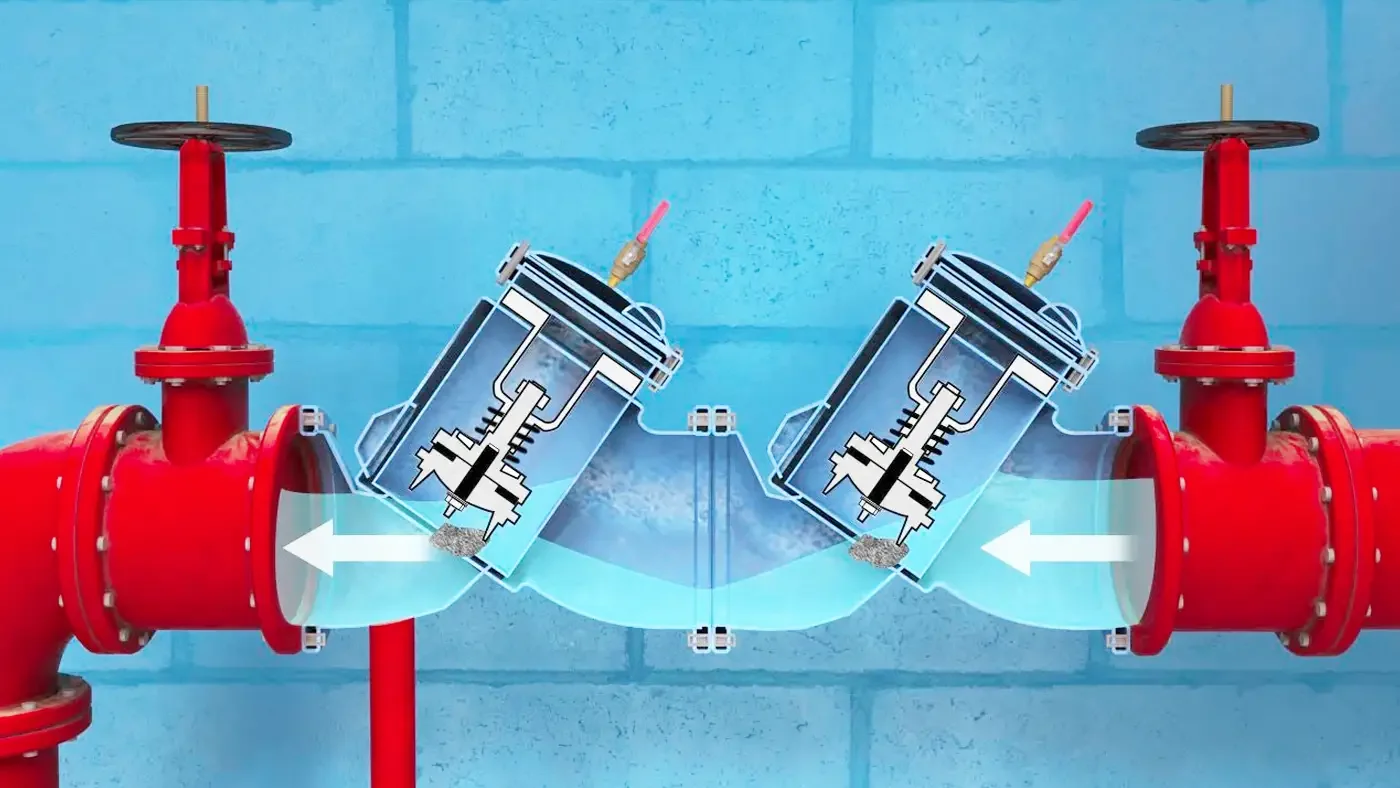 Diagrams of a fire sprinkler system with two cross-sectional views of sprinkler heads, showing water flow through pipes with valves, on a blue brick wall background.