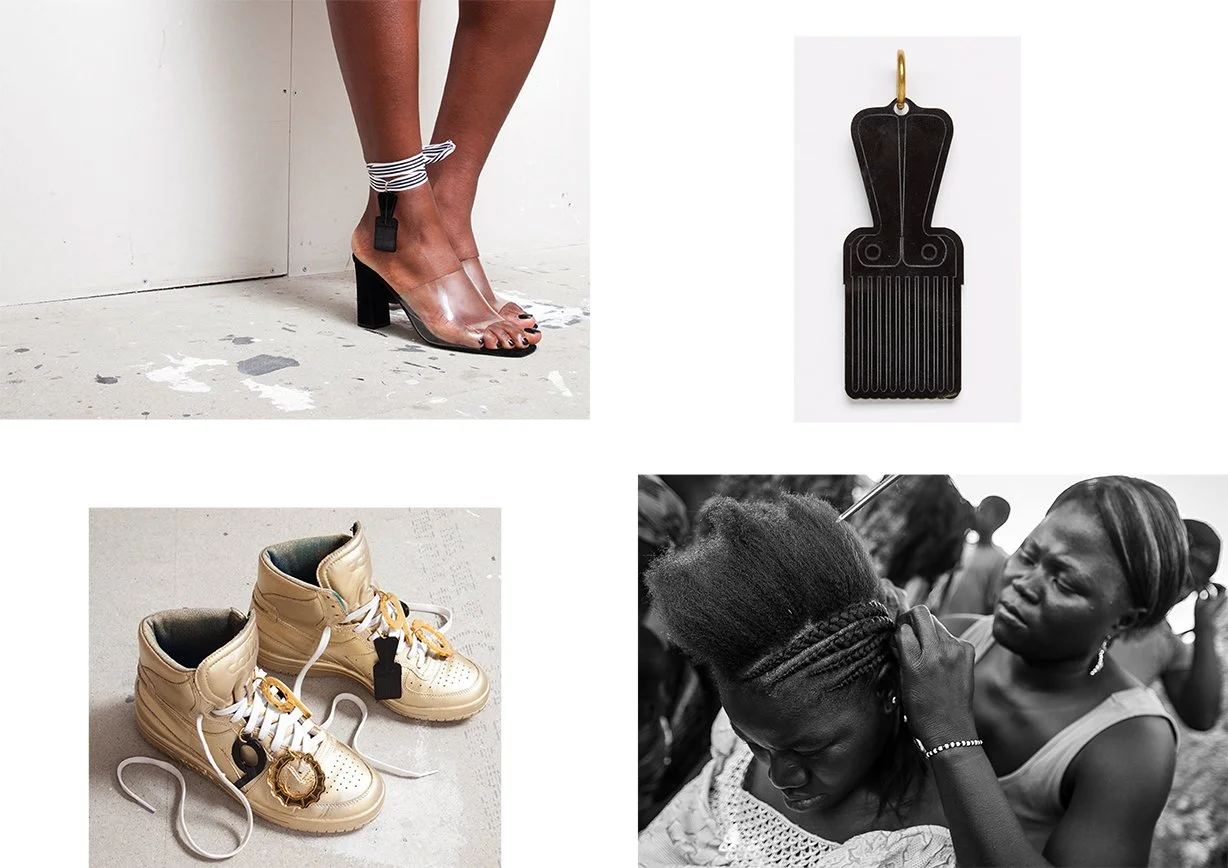 Collage of four images: top left shows a person wearing high-heeled shoes with clear plastic uppers and ankle straps, standing on a concrete floor; top right shows a black leather hair pick or comb; bottom left shows a pair of beige high-top sneakers