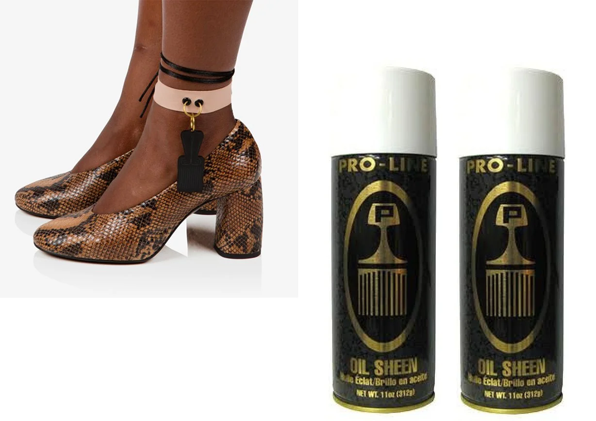 Pair of black spray paint cans labeled 'Pro-Line Oil Sheen' with gold and black logo; close-up of woman's feet wearing snake-print high heels, ankle jewelry with black, beige, and gold accents, and an anklet with black strings
