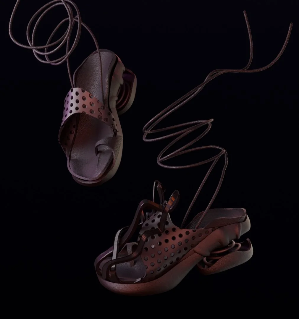 A pair of black and pink athletic shoes with light pink soles and perforated sides, connected by a tangled black headphone cord, set against a black background.