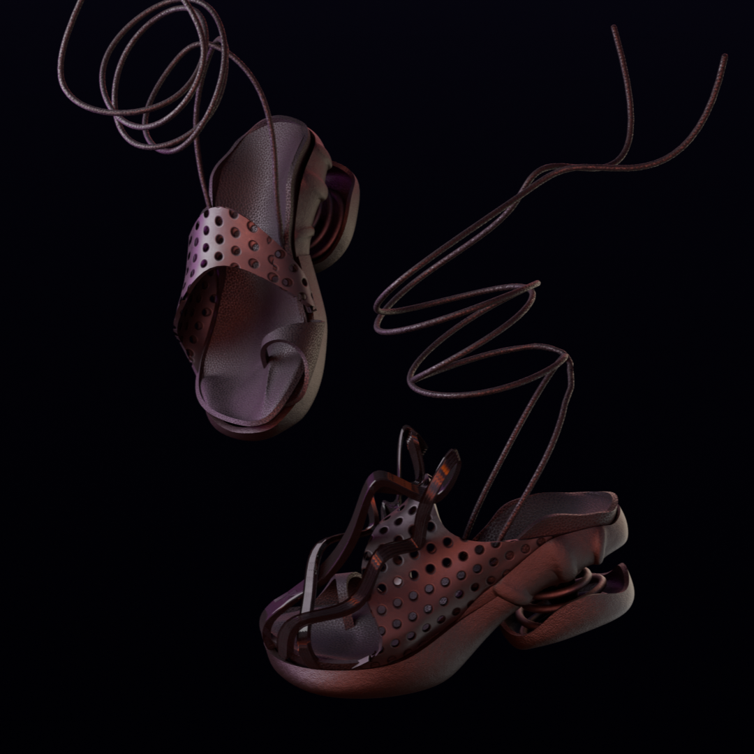 A surreal digital artwork of a pair of brown athletic shoes with holes, connected by metallic wires and spirals, floating in a dark space.