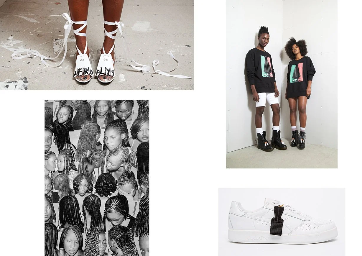 Collage of Black models with contemporary fashion. Top left: person wearing white sneakers with black letters spelling 'AFROFLU' and ribbon laces. Middle right: two models in oversized black sweatshirts with abstract graphic prints, shorts, and high-