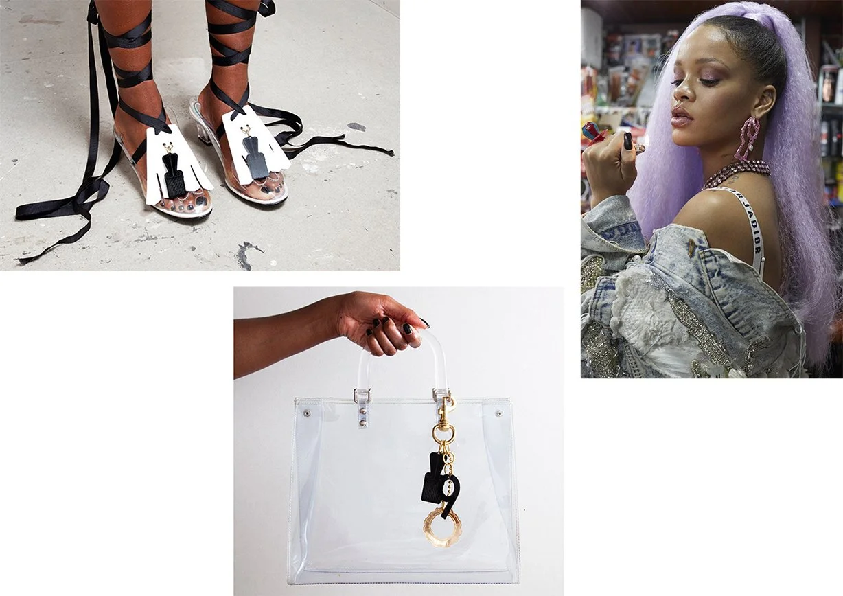 Top left: a pair of distinctive high-heeled shoes with clear heels and black ribbon laces. Top right: a woman with lavender hair, wearing jewelry and a denim jacket, holding a makeup brush. Bottom: a clear plastic handbag with black and gold accessor