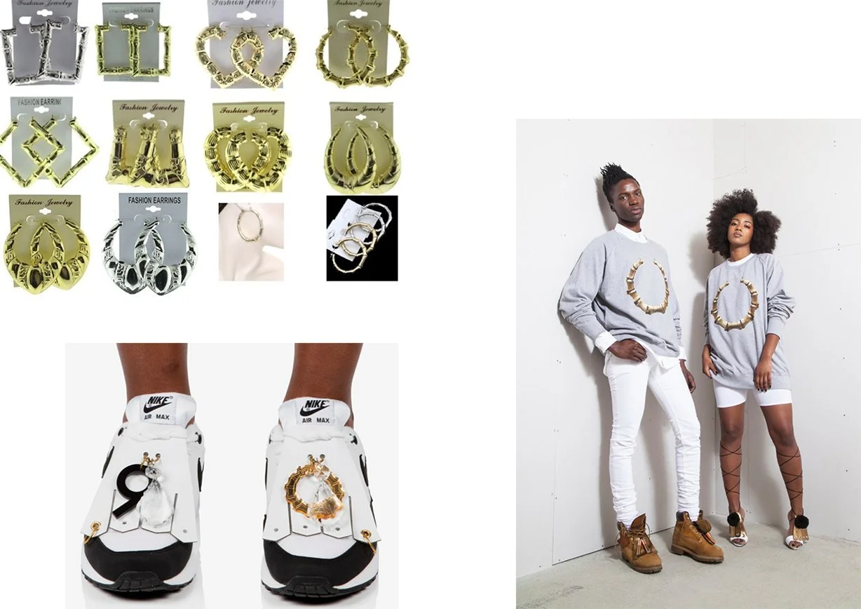Collection of gold and silver hoop earrings, a close-up of a silver hoop earrings, two models wearing grey sweatshirts with a large gold hoop earring design printed on them, and a pair of white Nike sneakers with a gold hoop earring attached to one o