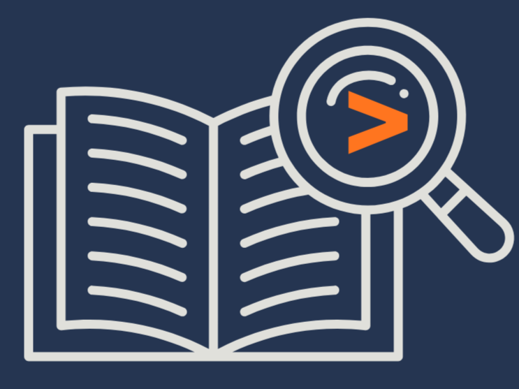 Open book with a magnifying glass highlighting a terminal prompt symbol