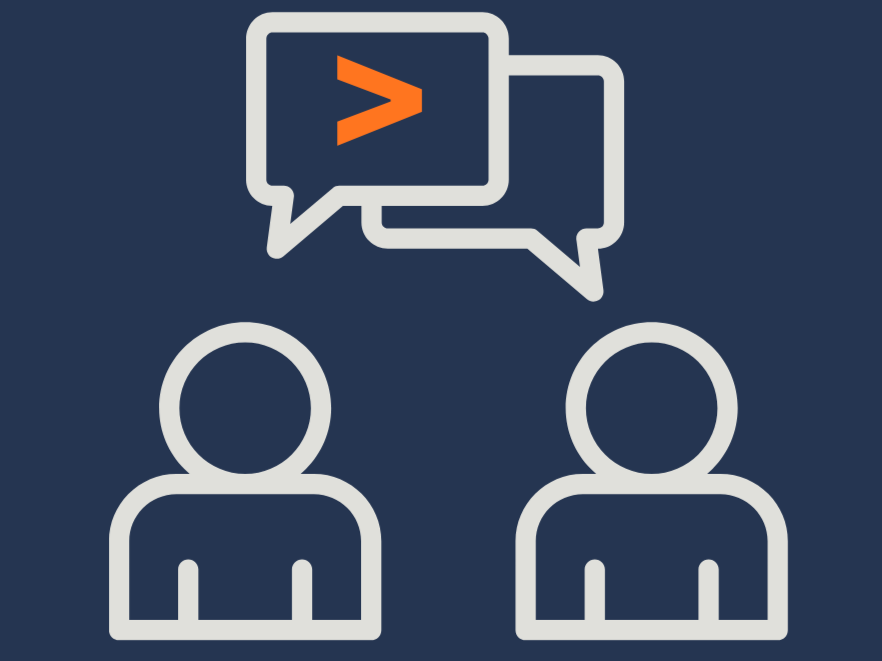 Two outlined people icons with a speech bubble above, containing a code symbol, on a dark blue background.