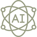 Illustration of the word 'AI' inside an atomic model with orbiting electrons.