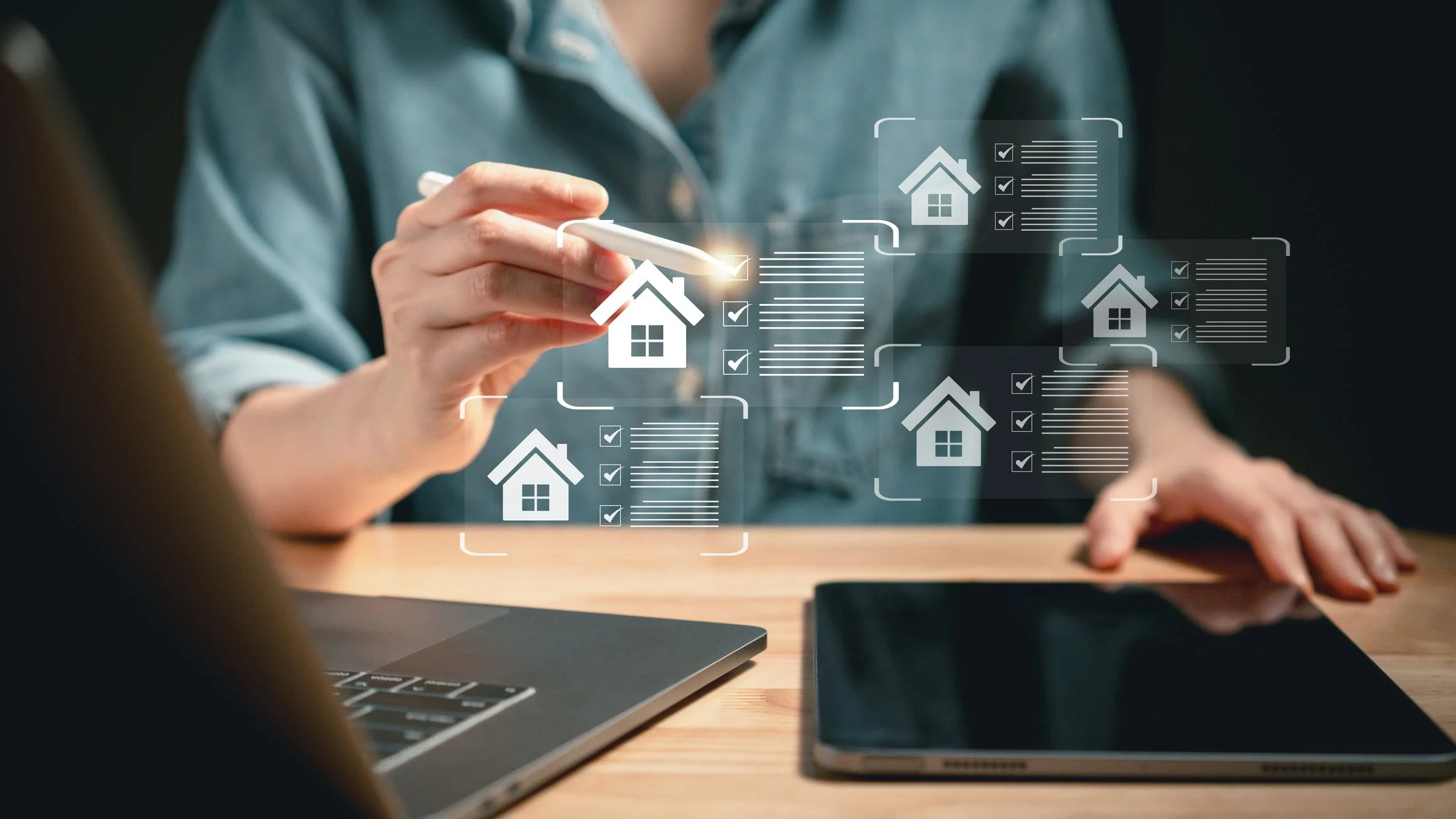Person using digital interface to select multiple house listings on a transparent screen.