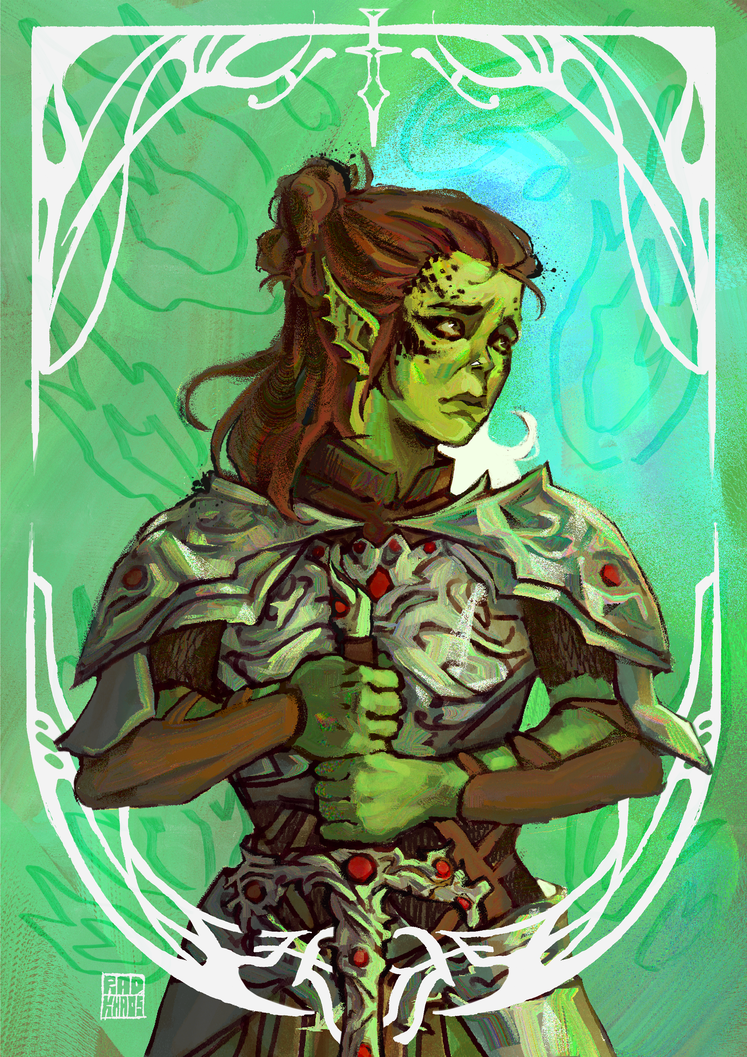A digital art illustration of a woman with red hair, holding a sword, wearing armor, depicted with a serious expression, set against a green background with floral and ornate white framing elements.