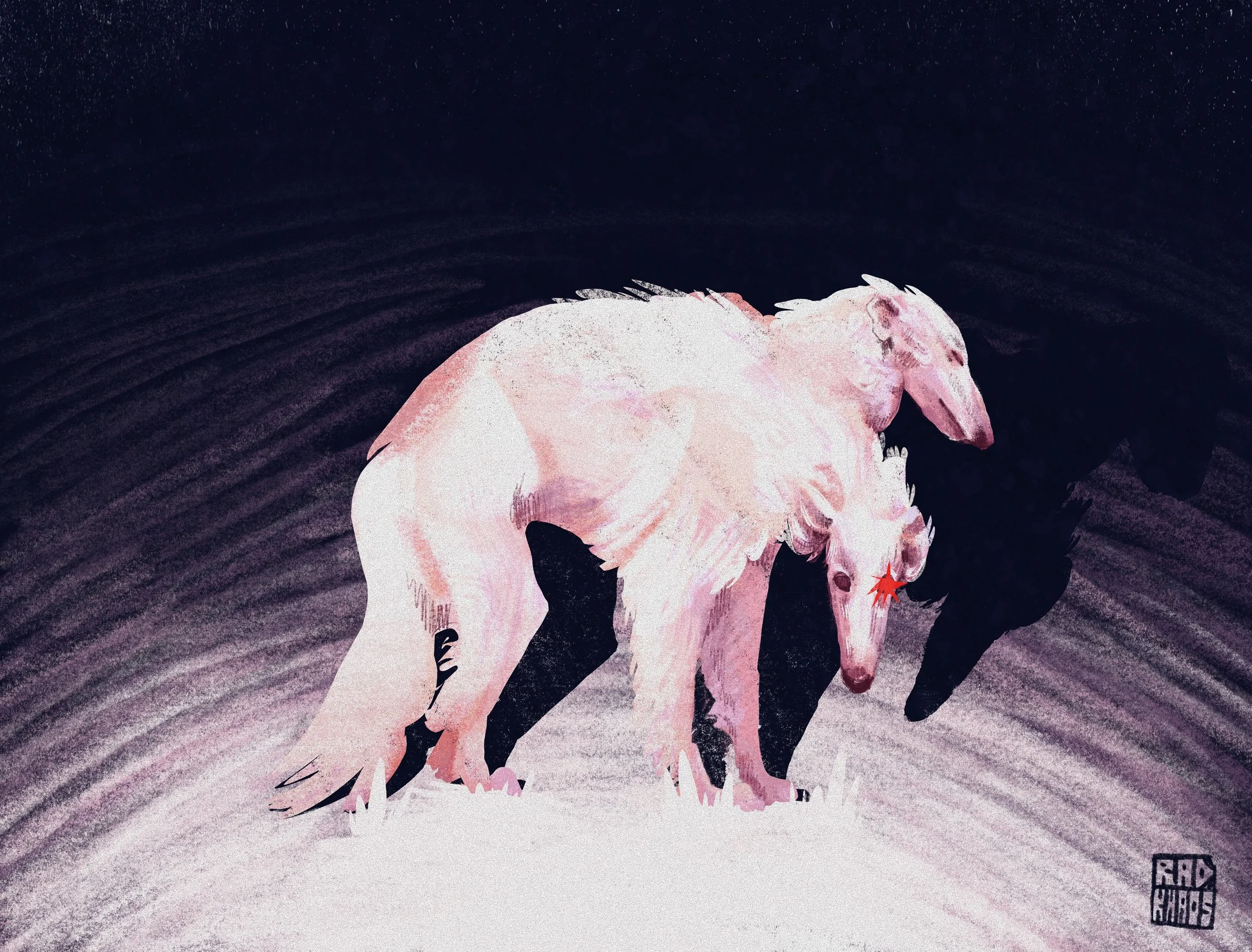 A watercolor painting of two white wolves, one with a red star on its forehead, standing on snowy ground against a dark night sky with stars.