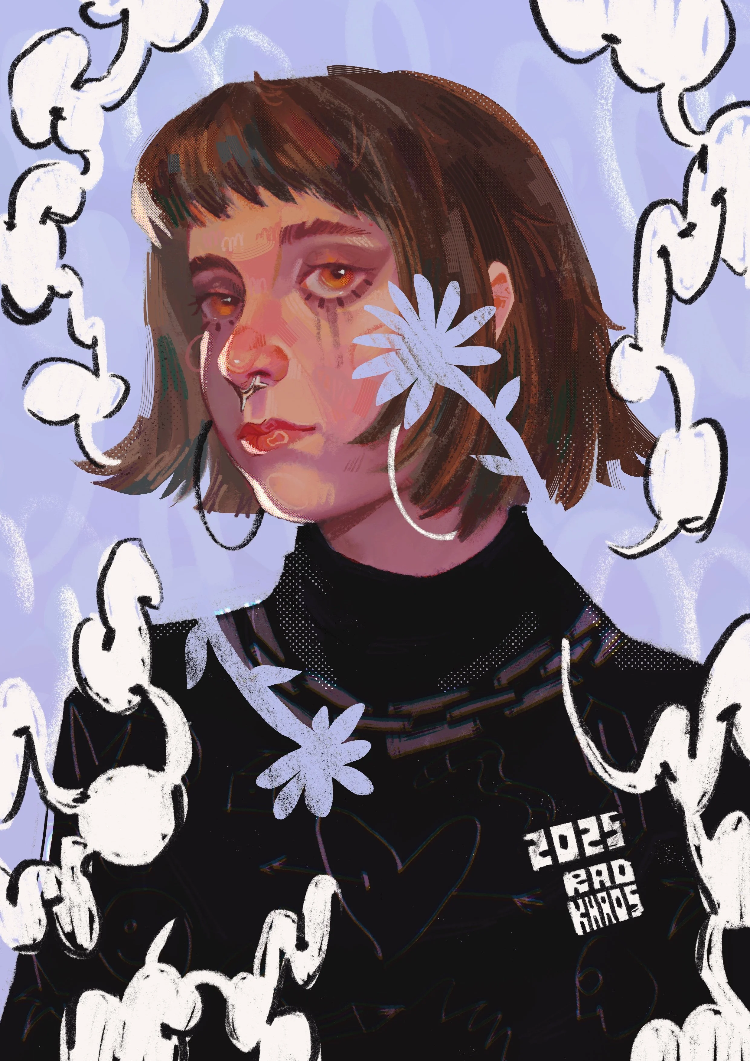 Digital illustration of a young woman with short brown hair, wearing a black turtleneck and chain necklace. She has a silver septum piercing, gold eyes, and expressive makeup. The background features purple hues, white cloud-like shapes, and light blue flowers around her face.