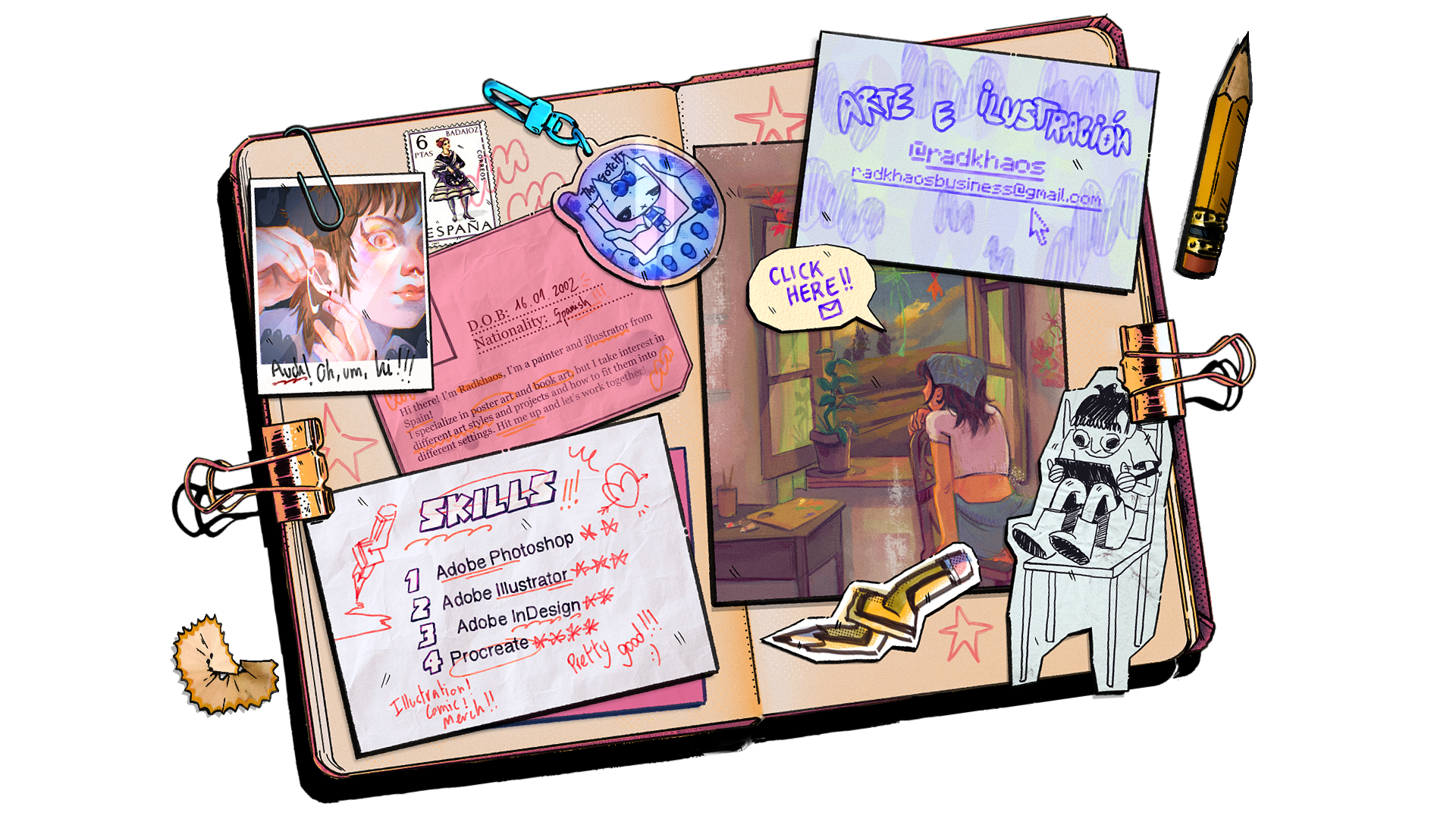 My portfolio presentation consists of an open notebook from which countless papers and stickers emerge. It includes my social media handles and email address (@radkhaos and radkhaosbusiness@gmail.com)