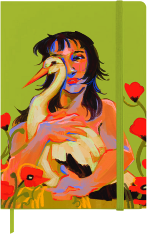 A colorful, artistic illustration of a woman holding a large bird with a long beak, surrounded by red flowers on a bright green background.