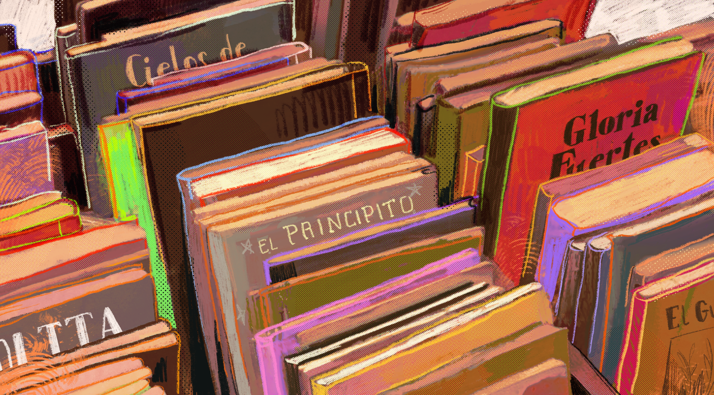Bookshelf with various colorful books, including titles like "El Principito" and "Gloria Fuertes".