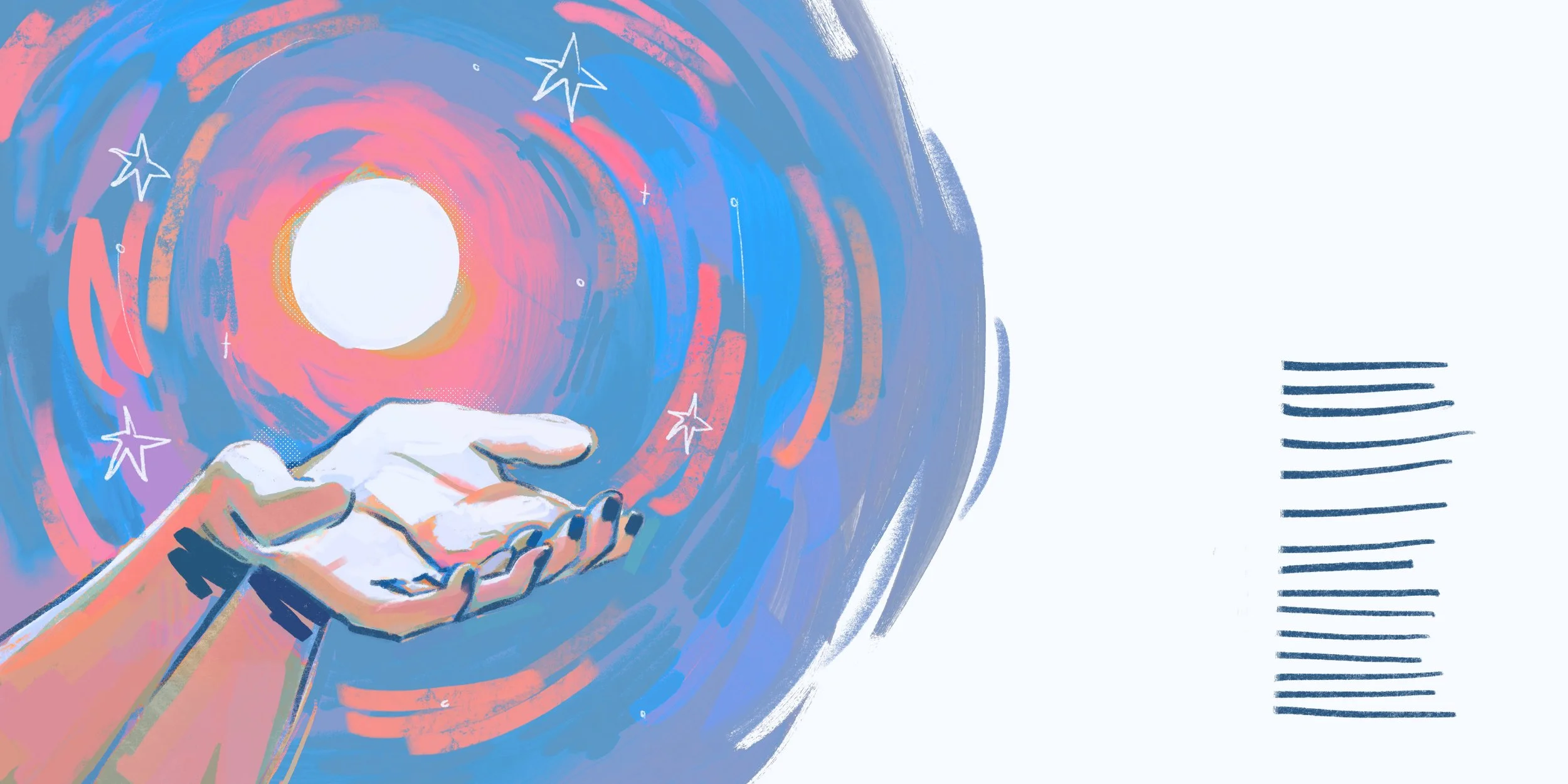 Illustration of a hand reaching towards a glowing white circle surrounded by colorful swirling patterns and stars, with a barcode on the right side.