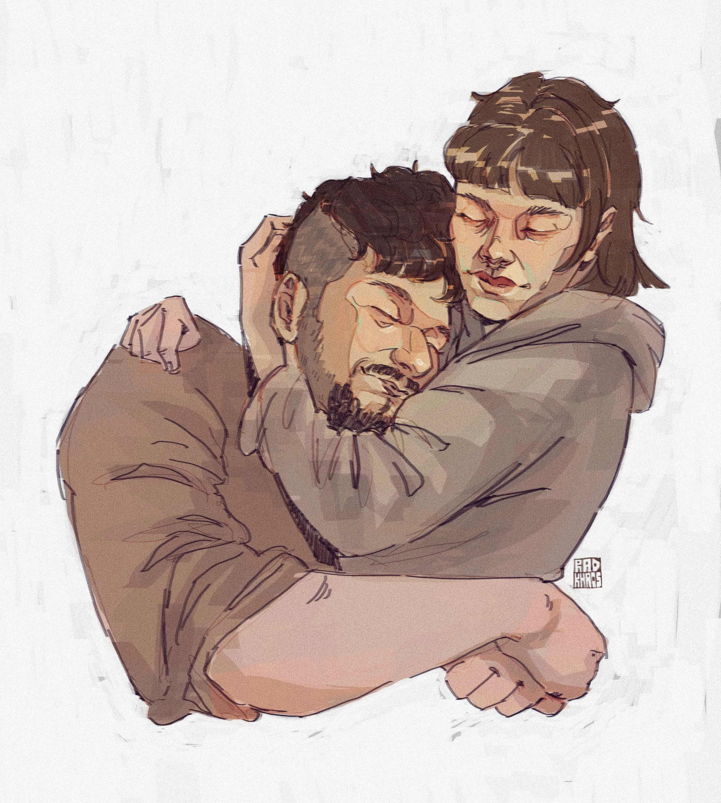 A digital illustration of two people hugging each other tightly with their eyes closed, displaying emotion and comfort.