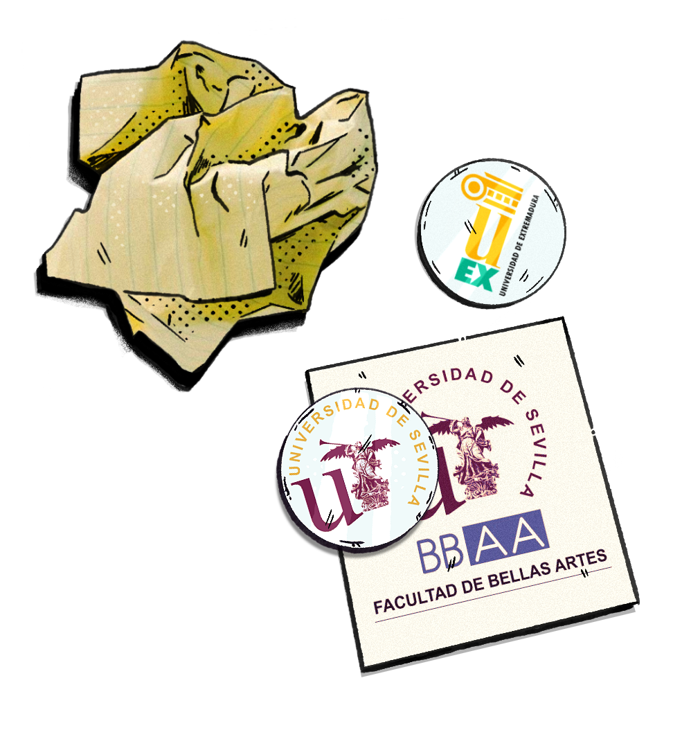 A crumpled piece of paper and some brochures and badges listing the universities where I studied (Fine Arts at the University of Seville and MUPFES at the University of Extremadura).