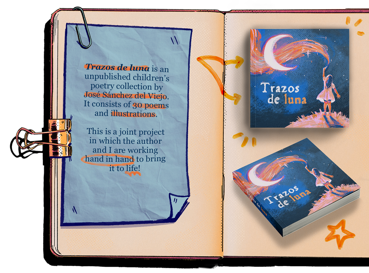 "Trazos de Luna" is an unpublished children's poetry collection bu José Sánchez del Viejo. It consists of 30 poems and illustrations. This is a joint project in which the author and I are working hand in hand to bring it to life!