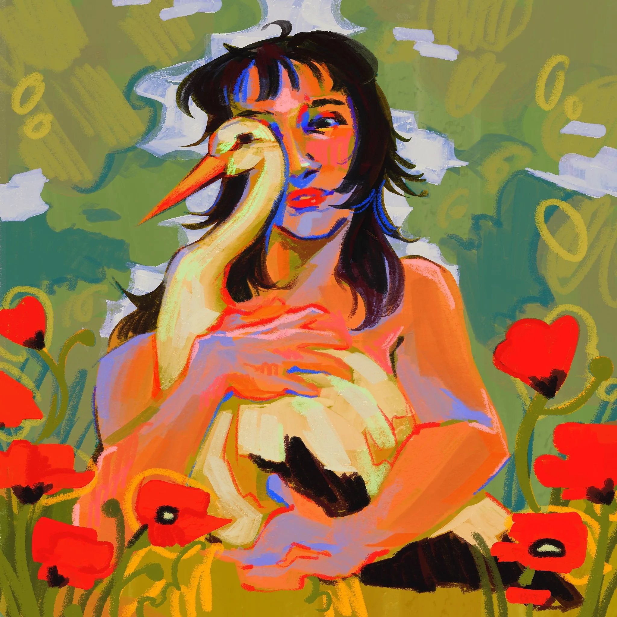Colorful abstract painting of a woman with dark hair, closed eyes, and a contemplative expression, surrounded by red flowers and green background.