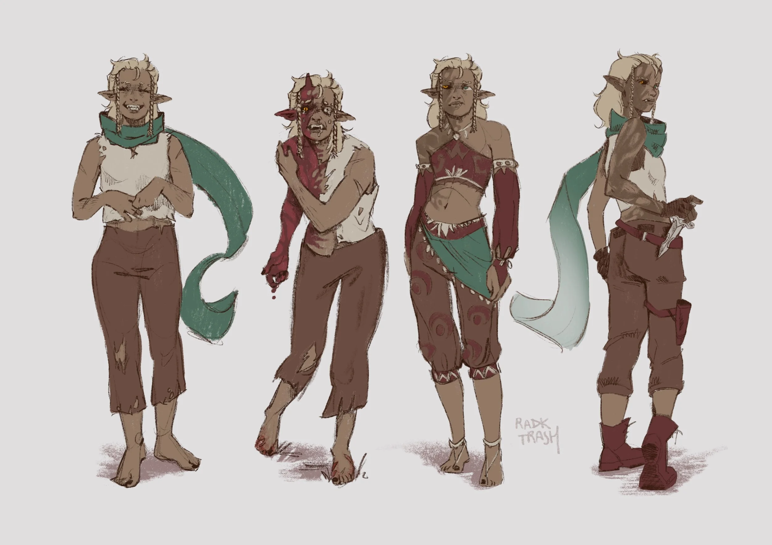 A digital drawing of four fantasy elves with different clothing and expressions, standing side by side.